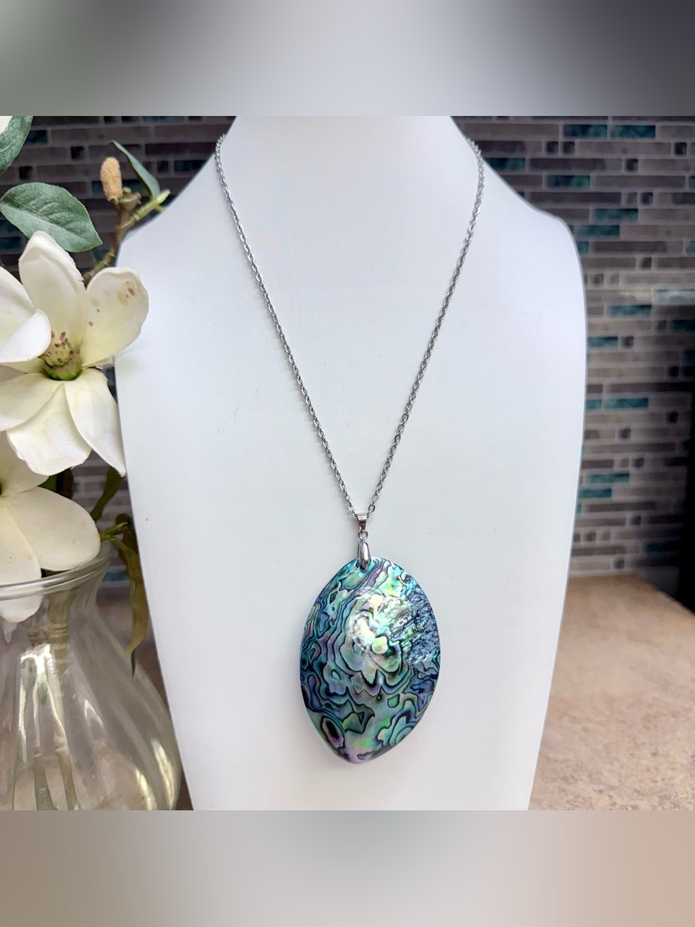 Large Oval Abalone Paua Shell Pendant Necklace Iridescent Silver Chain Boho